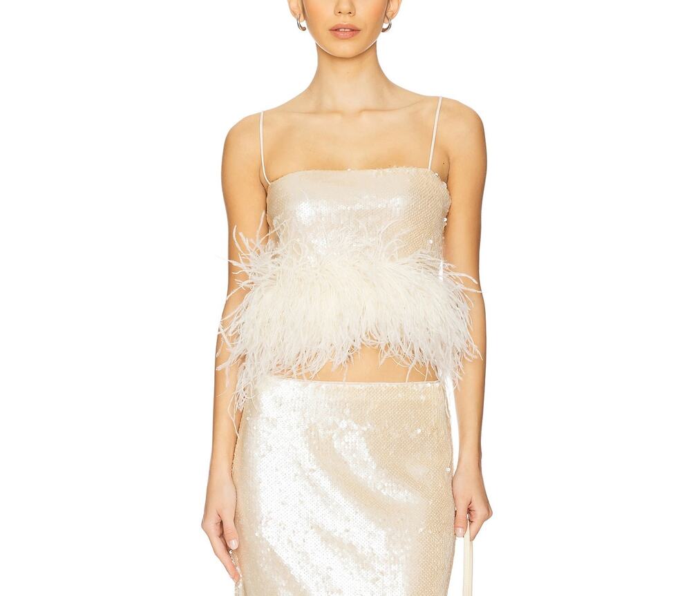 L'Academie Sparkly Blush Nude Feather Trim Cami Top Size XS